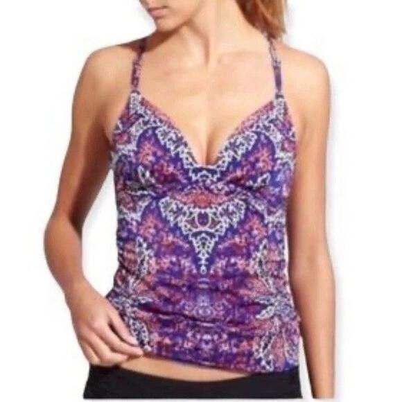 Athleta Purple Paradise Print Molded Tankini Swim Top Aqualuxe Medium UPF 50+ - Picture 1 of 12